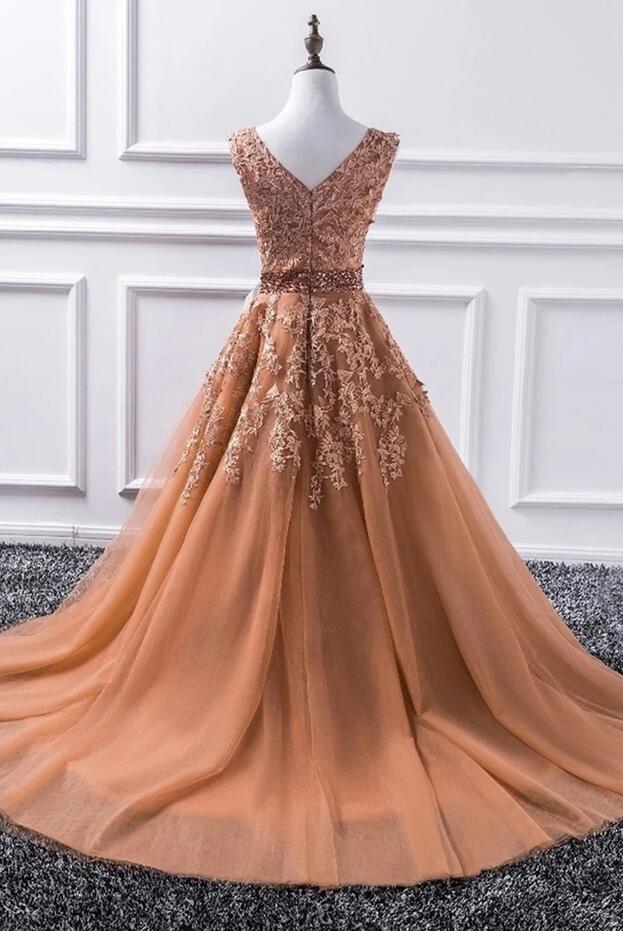 Elegant Long A-line V-neck Tulle Lace Floor Length Prom Dress