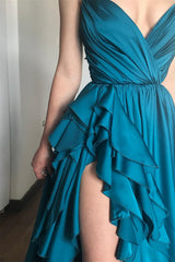 Long A-line Spaghetti Straps V-Neck Tiered Satin Prom Dress with Slit