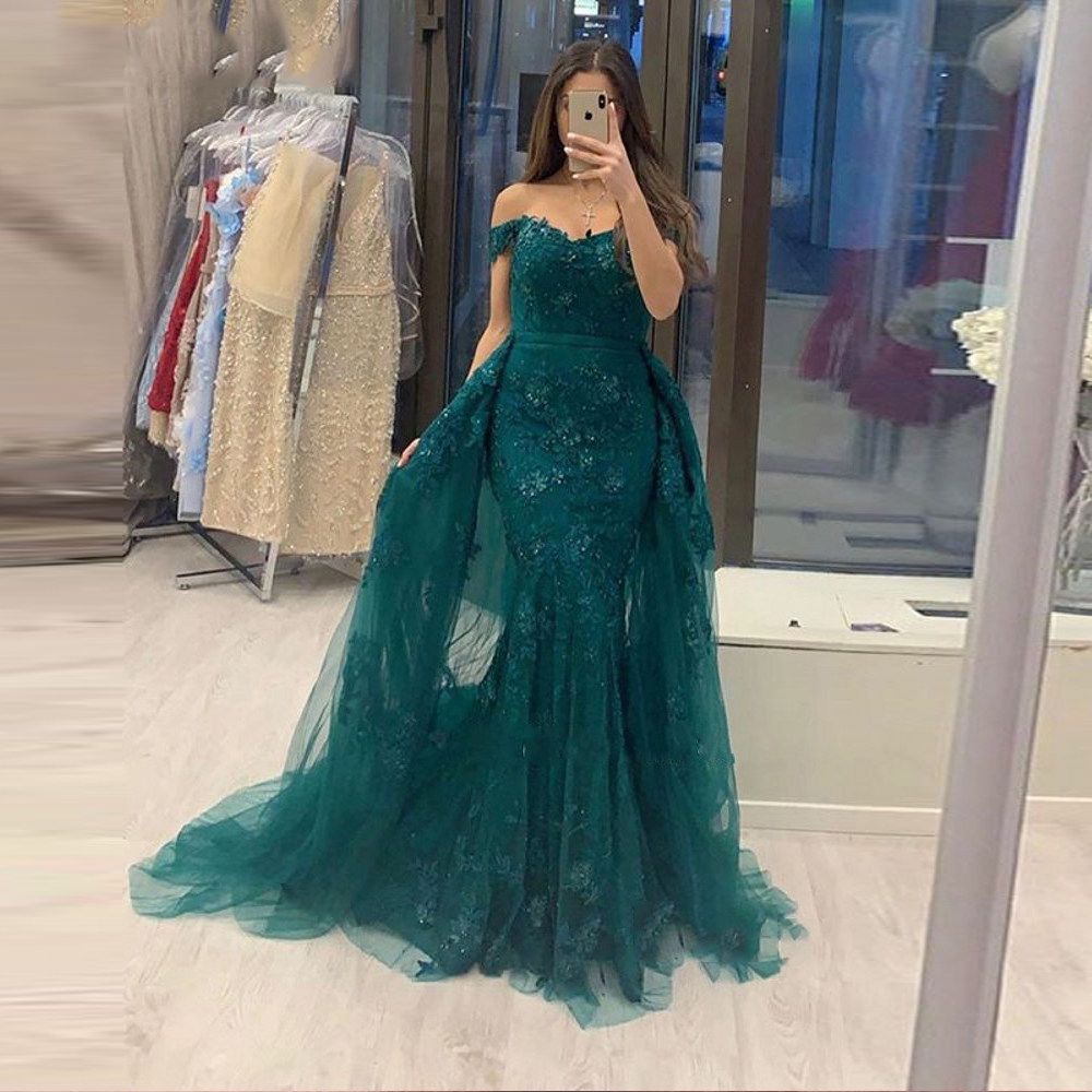 Mermaid Off the Shoulder Floor Length Tulle Appliques Lace Prom Dress