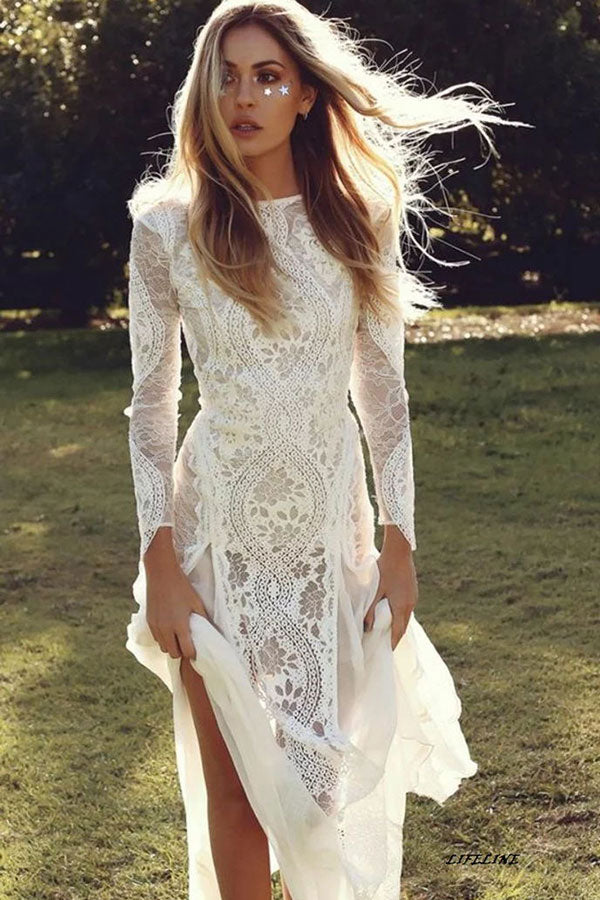 Elegant Long Sleeve Mermaid Lace Open Back Wedding Dress