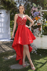 Red High Low V-neck Satin Lace Backless Party Dress