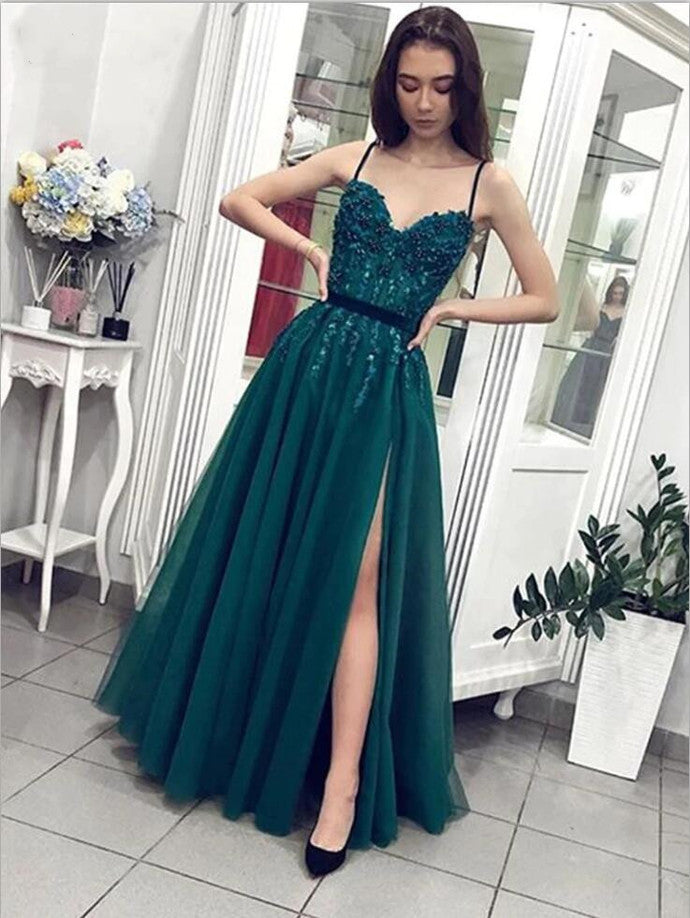 Long Sweetheart Spaghetti Straps A-line Beading Tulle Floor Length Prom Dress With Slit