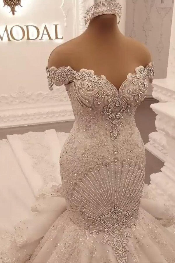 Gorgeous Long Off the Shoulder Crystal Floor Length Backless Mermaid Wedding Dresses
