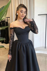 Black Long A-line Off the Shoulder Satin Prom Dresses with Lace Sleeves