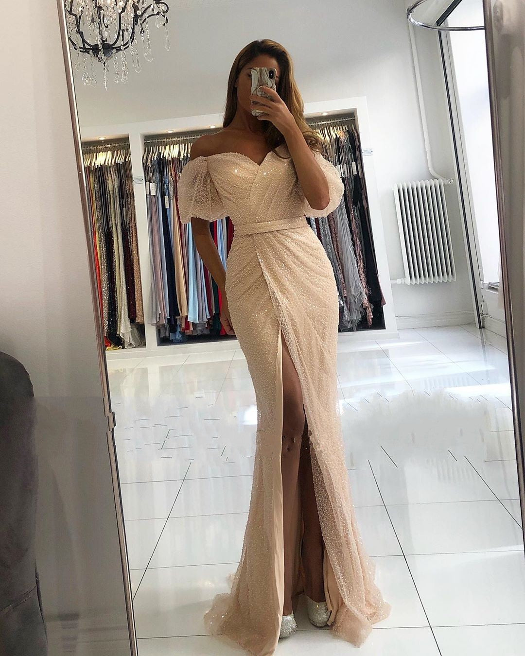 Long Mermaid Off the Shoulder Sequins Ruffles Front Slit Prom Dress With Sleeves
