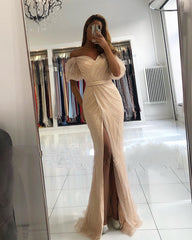 Long Mermaid Off the Shoulder Sequins Ruffles Front Slit Prom Dress With Sleeves