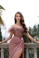 Long Mermaid Off the Shoulder Satin Beading Formal Prom Dresses with Slit