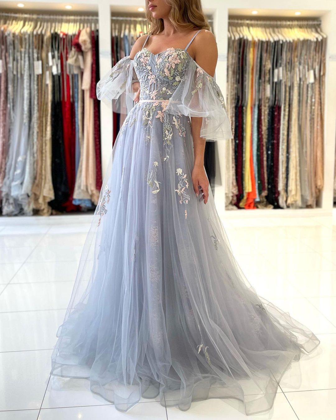 Elegant Long A-line Off the Shoulder Tulle Floral Lace Formal Prom Dress
