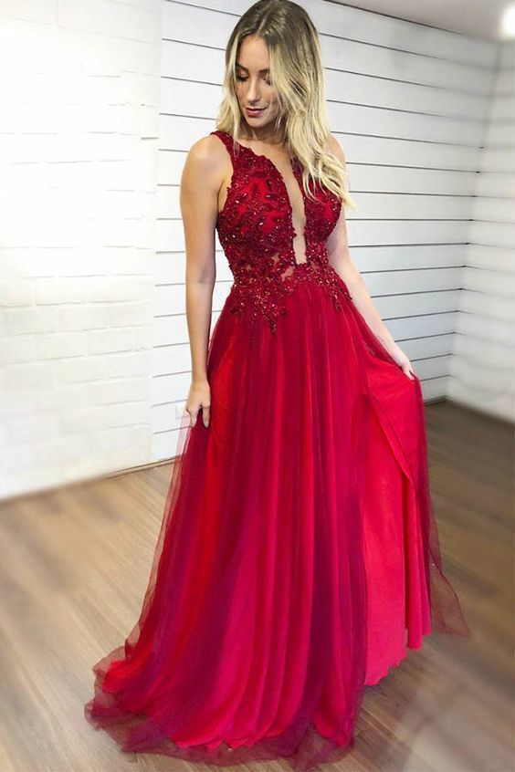 Burgundy Long Beading V-neck Sleeveless A-Line Prom Dresses with Slit
