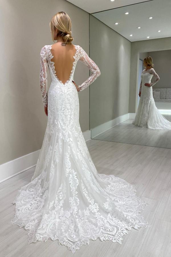 Simple Open Back Long Sleeve Lace Mermaid Floor Length Wedding Dress