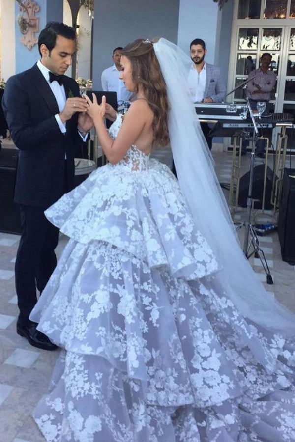 Modest Long Ball Gown Sweetheart Tulle Lace Wedding Dress