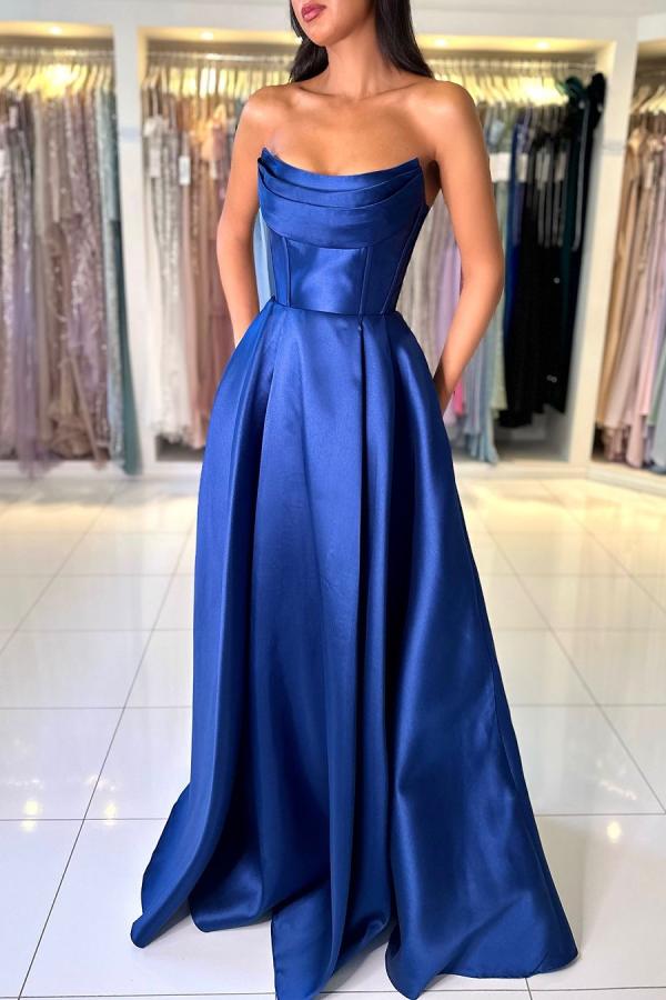 Long A-line Off The Shoulder Open Back Satin Floor Length Prom Dress