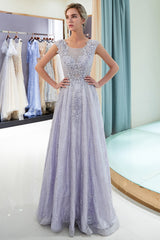 Long Jewel Tulle A-line Sleeveless Lace Floor Length Formal Evening Dresses