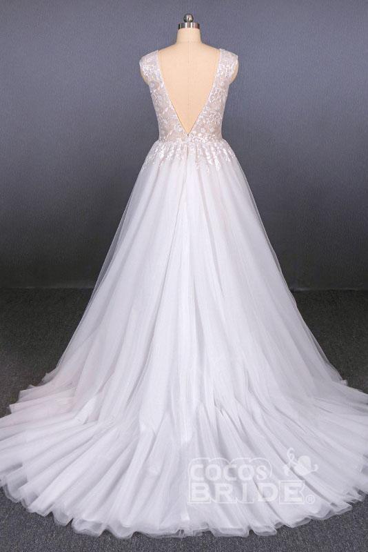 Sexy V Neck Tulle with Lace Appliques A Line Backless Wedding Dress