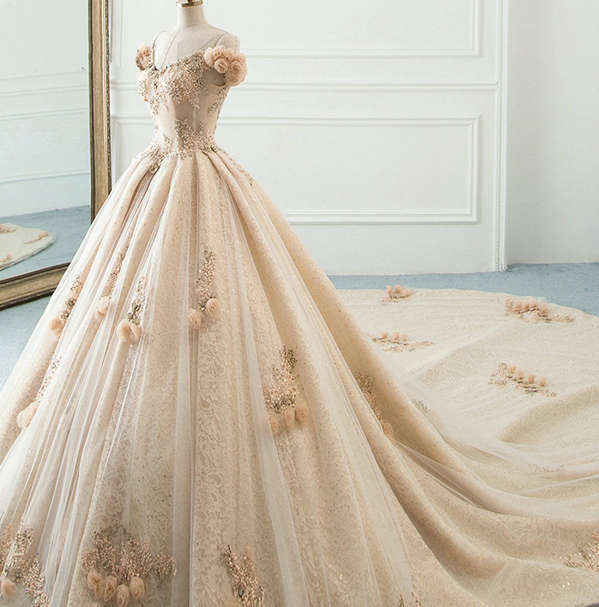 Ball Gown Long Champagne Lace Off Shoulder Court Train Beaded Wedding Dress