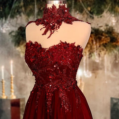 Burgundy Long A-Line Sweetheart Floor Length Ruffles Prom Dress