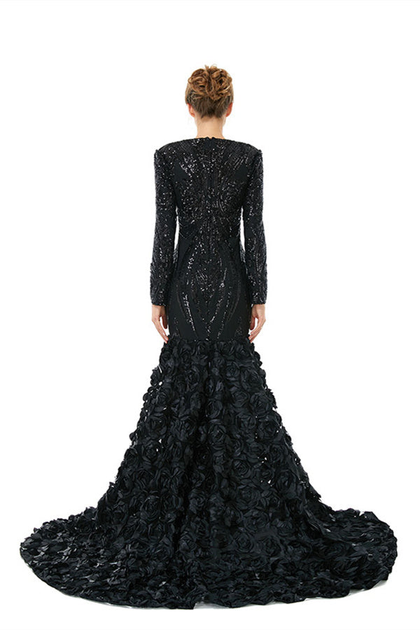 Charming Long Mermaid V-neck Satin Lace Formal Dress with Sleeves