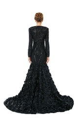 Charming Long Mermaid V-neck Satin Lace Formal Dress with Sleeves