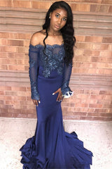 Dark Navy Long Off the Shoulder Appliques Lace Mermaid Prom Dress with Sleeves