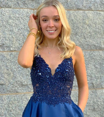 Long A-line V-neck Appliques Lace Ruffles Satin Prom Dress With Slit