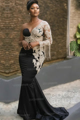 Long Mermaid Appliques One Shoulder Floor Length Formal Evening Dress