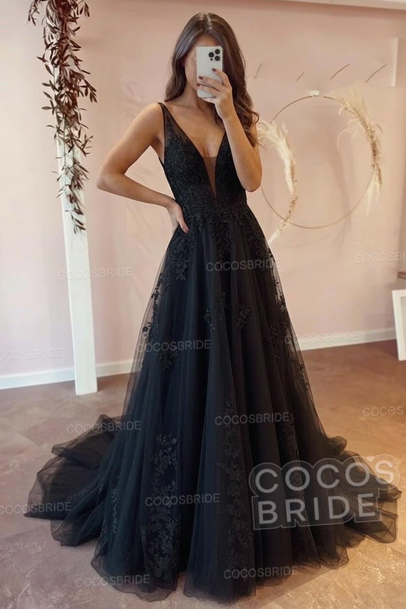 Long V-neck A-Line Floor Length Tulle Floral Lace Wedding Dress