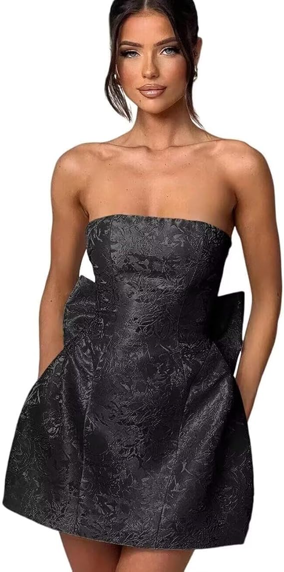 Strapless Short Ball Gown Sleeveless Lace up Jacquard Satin Homecoming Dress with Bow