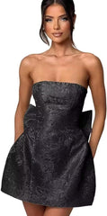 Strapless Short Ball Gown Sleeveless Lace up Jacquard Satin Homecoming Dress with Bow