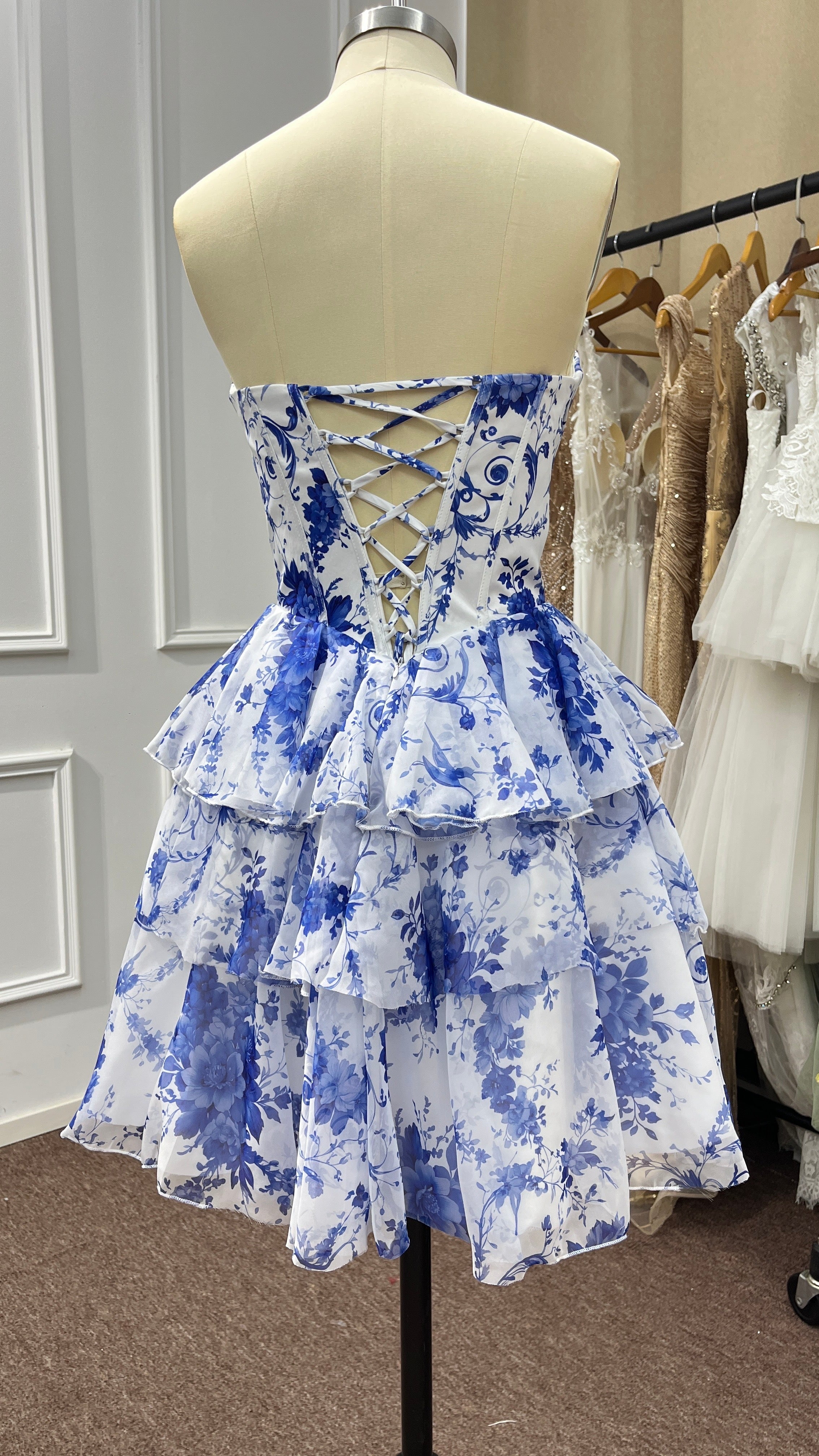 Blue Floral Strapless Corset Short Homecoming Dresses