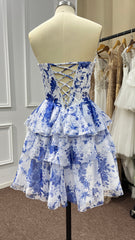 Blue Floral Strapless Corset Short Homecoming Dresses