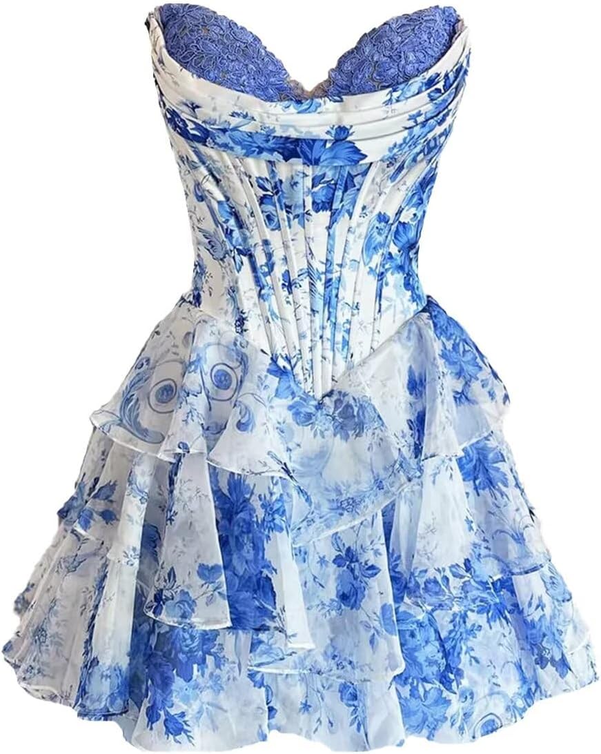 Blue Floral Strapless Corset Short Homecoming Dresses