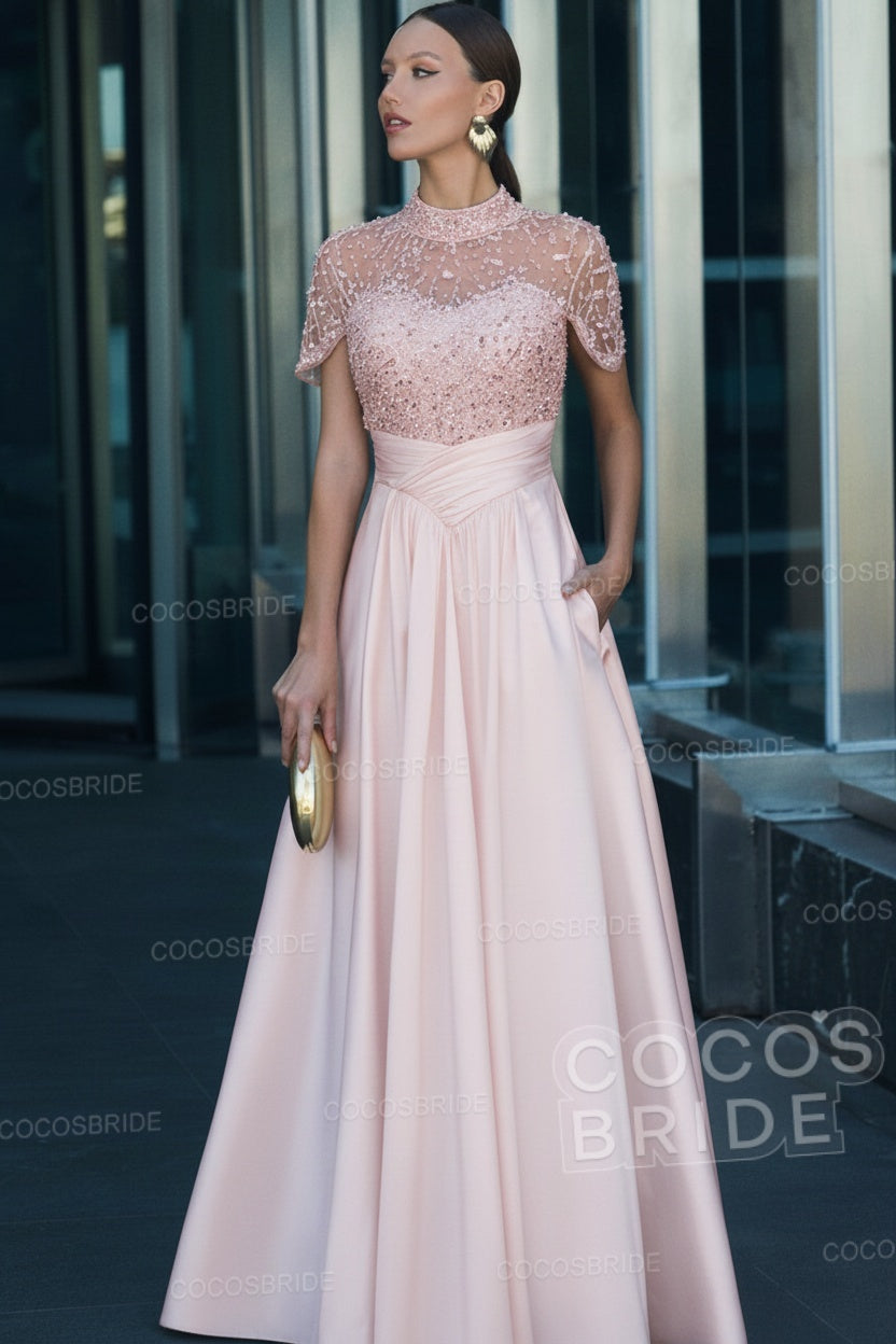 Elegant Illusion Neck Long A-line Formal Evening Dress with Pockets