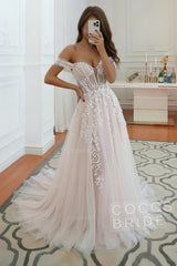 Long A-line Tulle Lace Off the Shoulder Wedding Dress