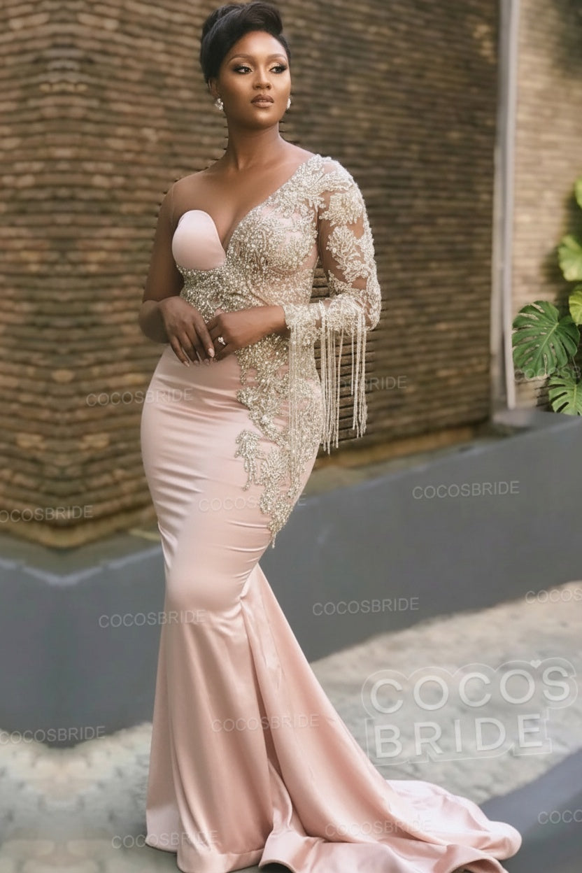 Long Mermaid Appliques One Shoulder Floor Length Formal Evening Dress