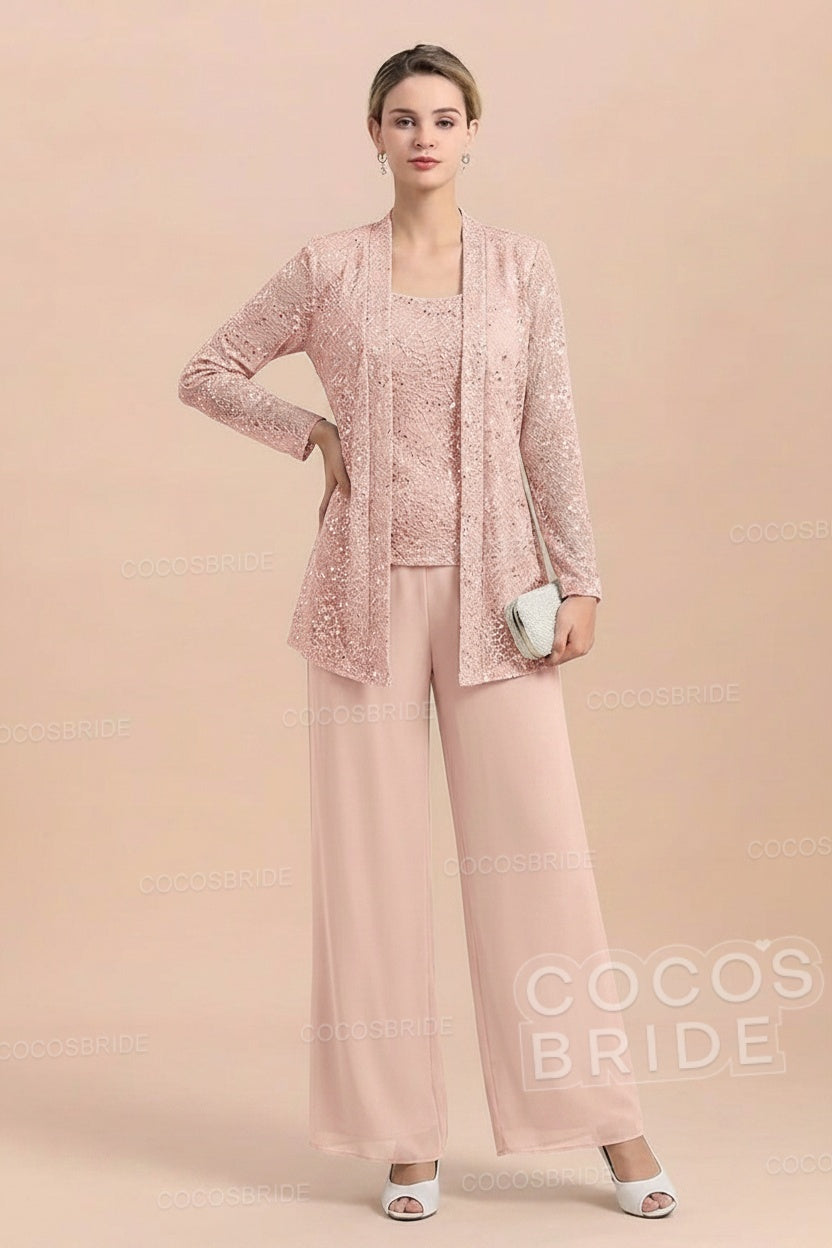 Long Sequined Chiffon Pantsuits for the Mother of the Bride with Jacket