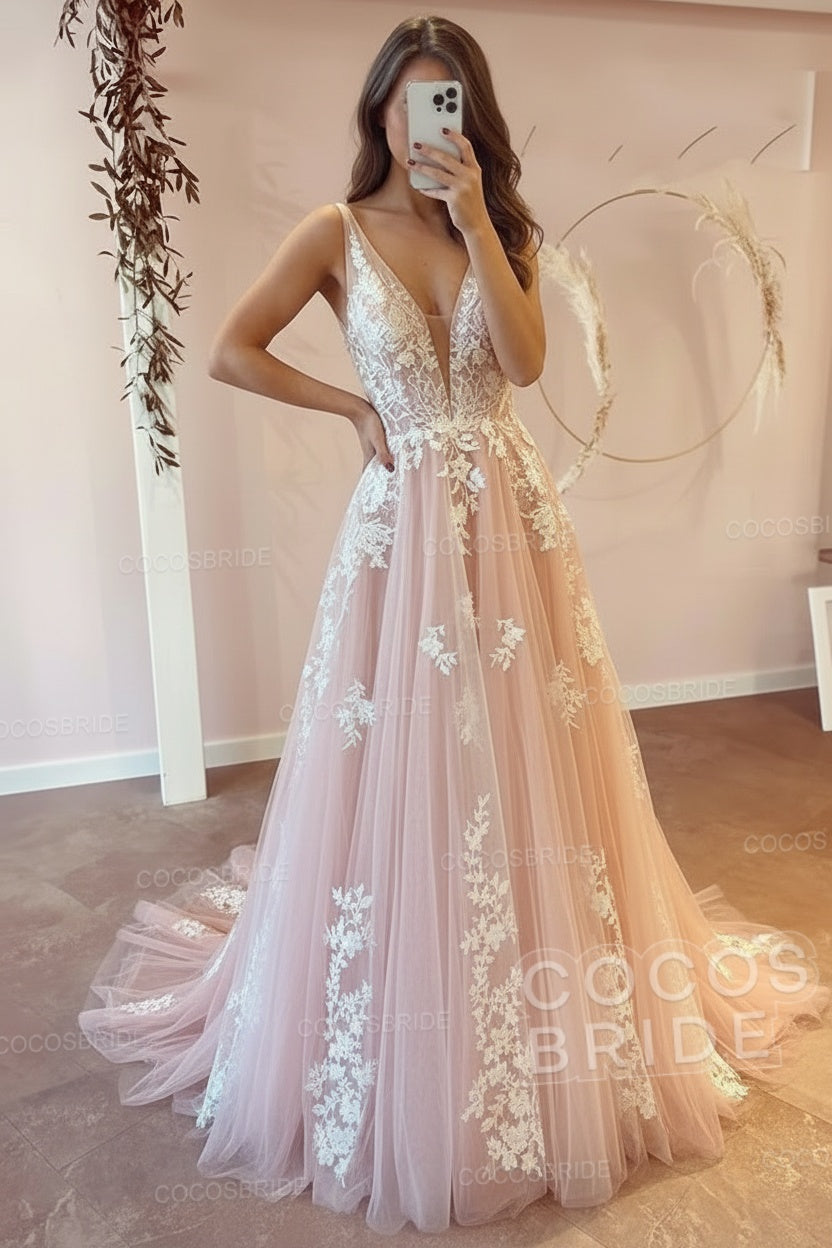 Long V-neck A-Line Floor Length Tulle Floral Lace Wedding Dress