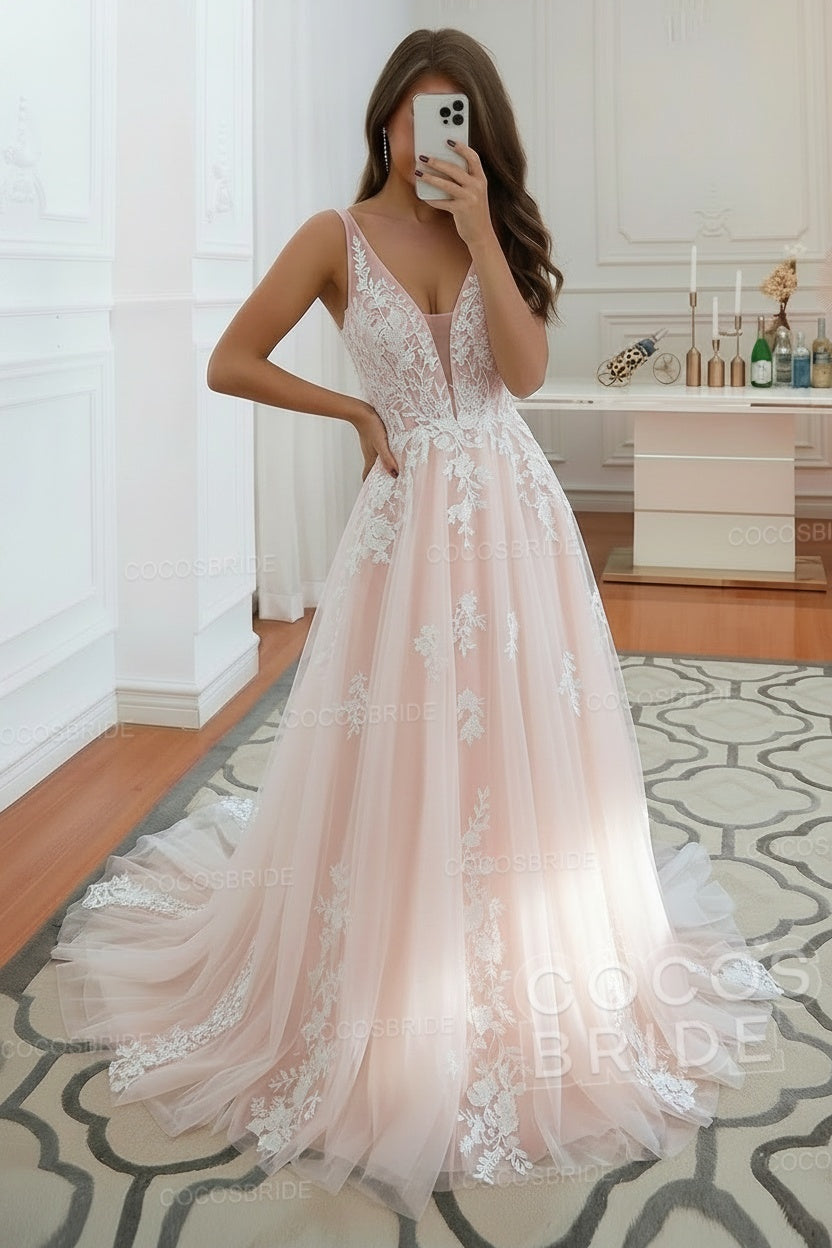 Long V-neck A-Line Floor Length Tulle Wedding Dress With Floral Lace