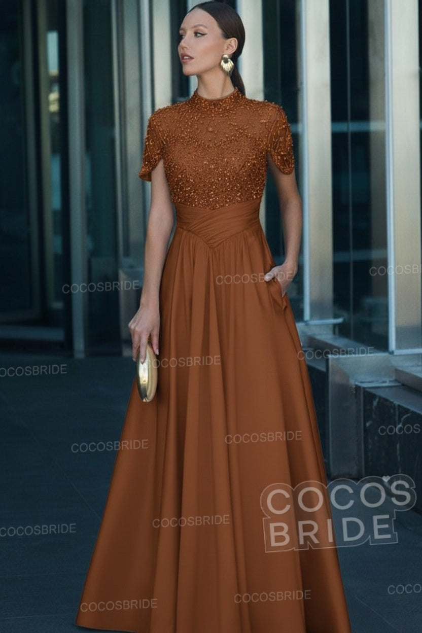 Elegant Illusion Neck Long A-line Formal Evening Dress with Pockets