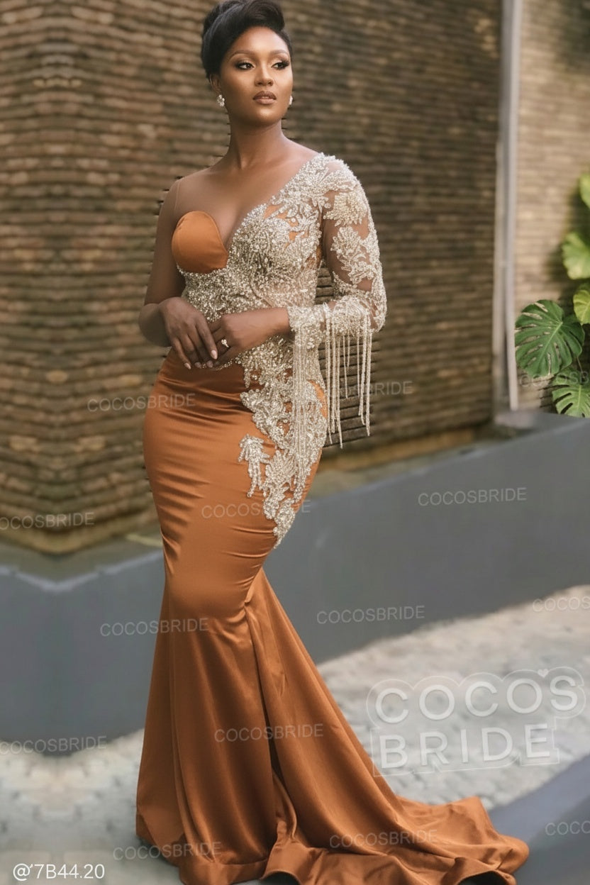 Long Mermaid Appliques One Shoulder Floor Length Formal Evening Dress