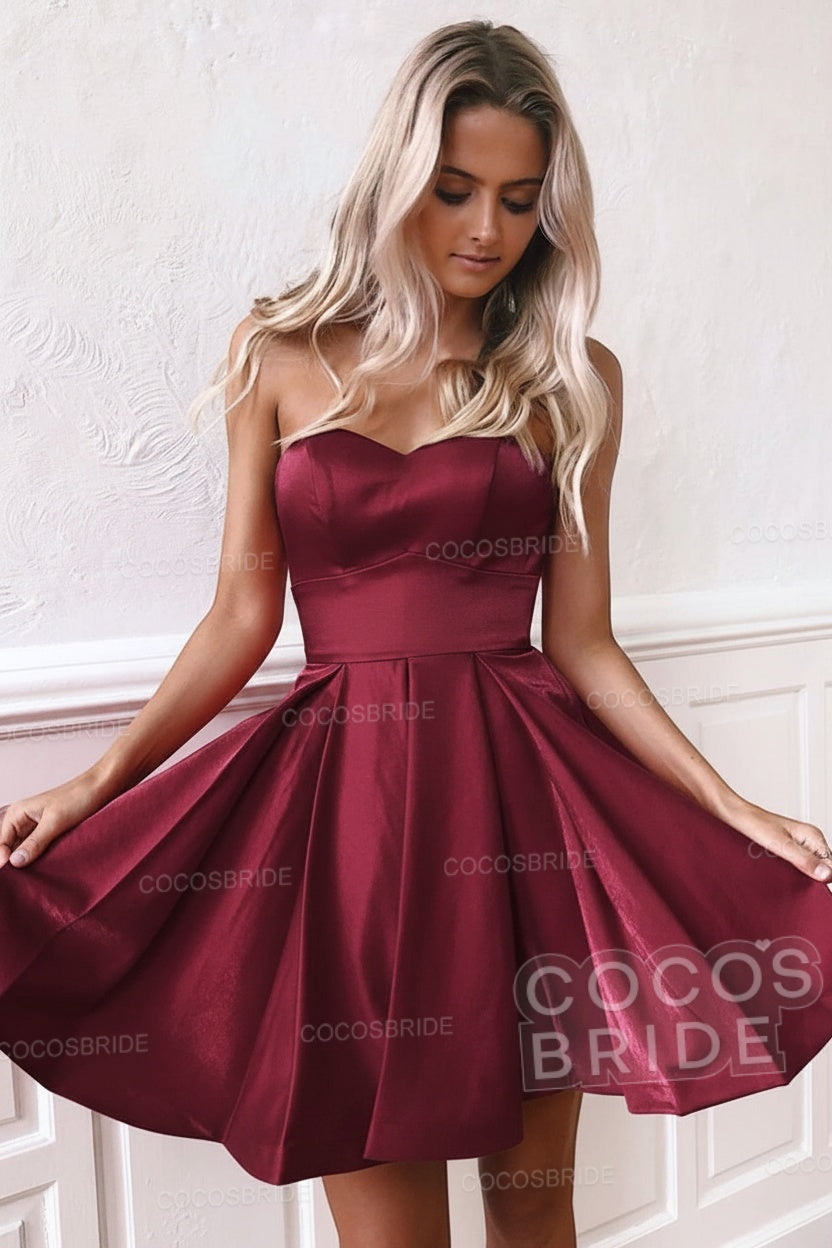 Cute A-line Strapless Red Short Satin Homecoming Dress