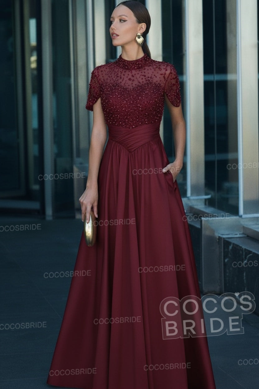Elegant Illusion Neck Long A-line Formal Evening Dress with Pockets