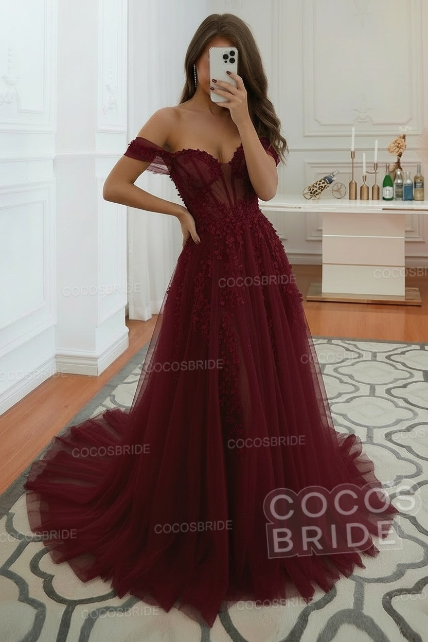 Long A-line Tulle Lace Off the Shoulder Wedding Dress
