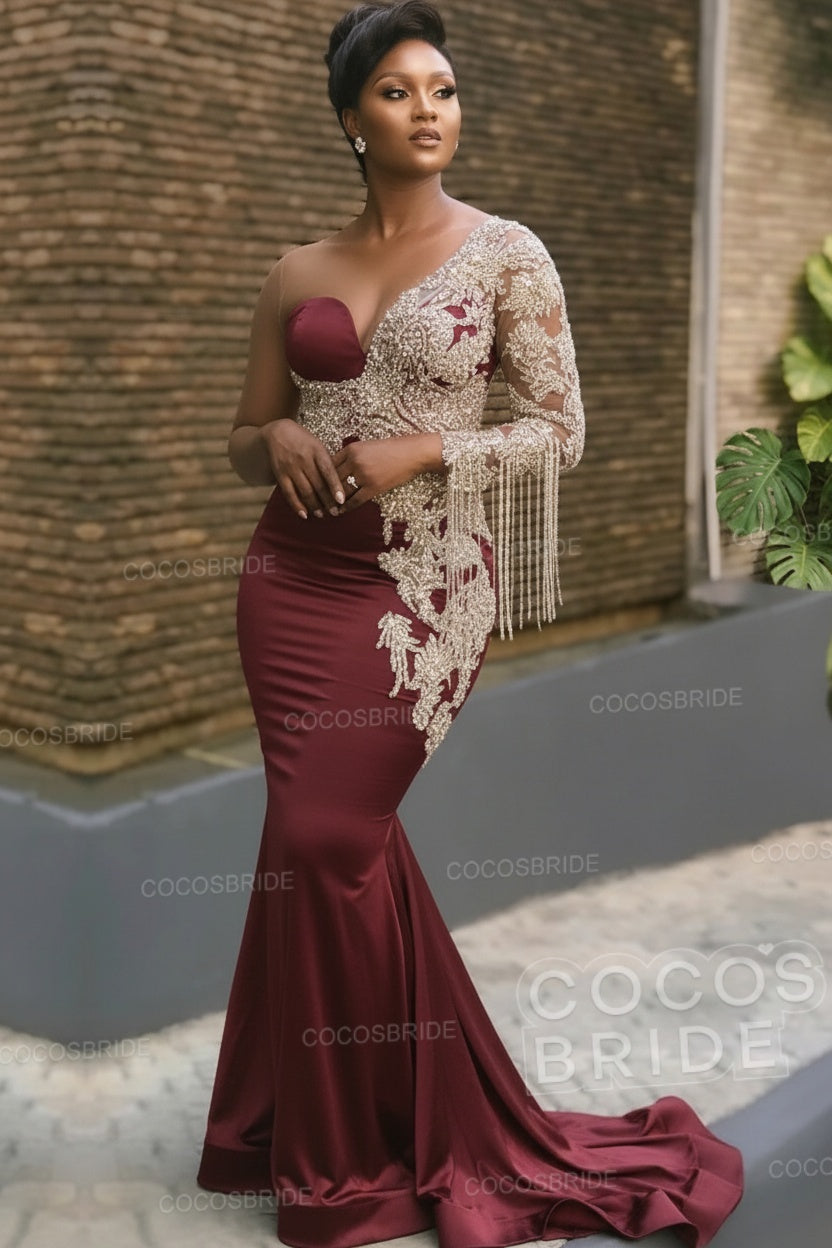 Long Mermaid Appliques One Shoulder Floor Length Formal Evening Dress