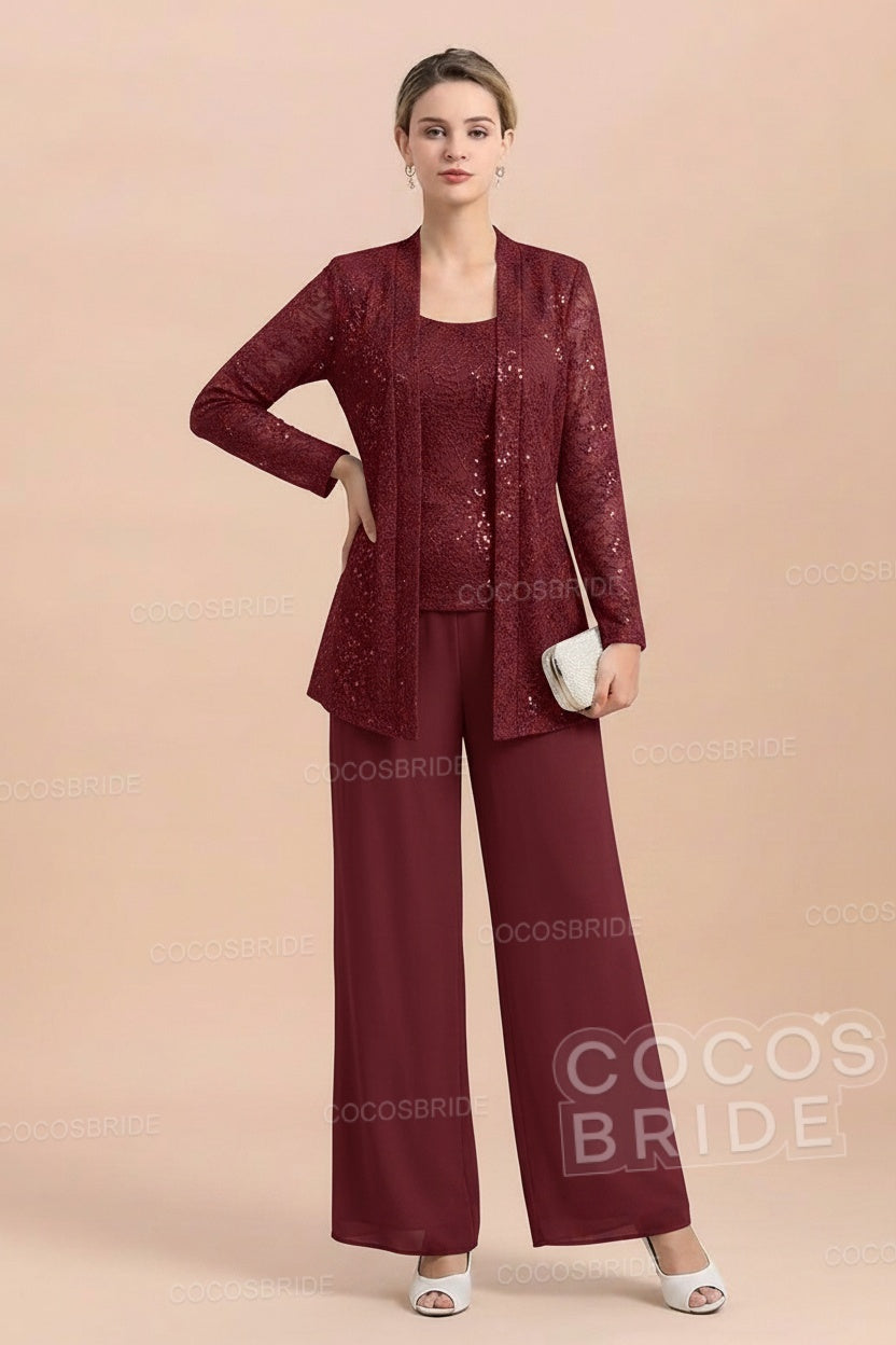 Long Sequined Chiffon Pantsuits for the Mother of the Bride with Jacket