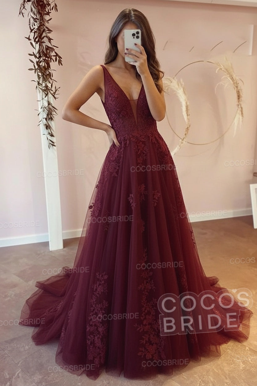 Long V-neck A-Line Floor Length Tulle Floral Lace Wedding Dress