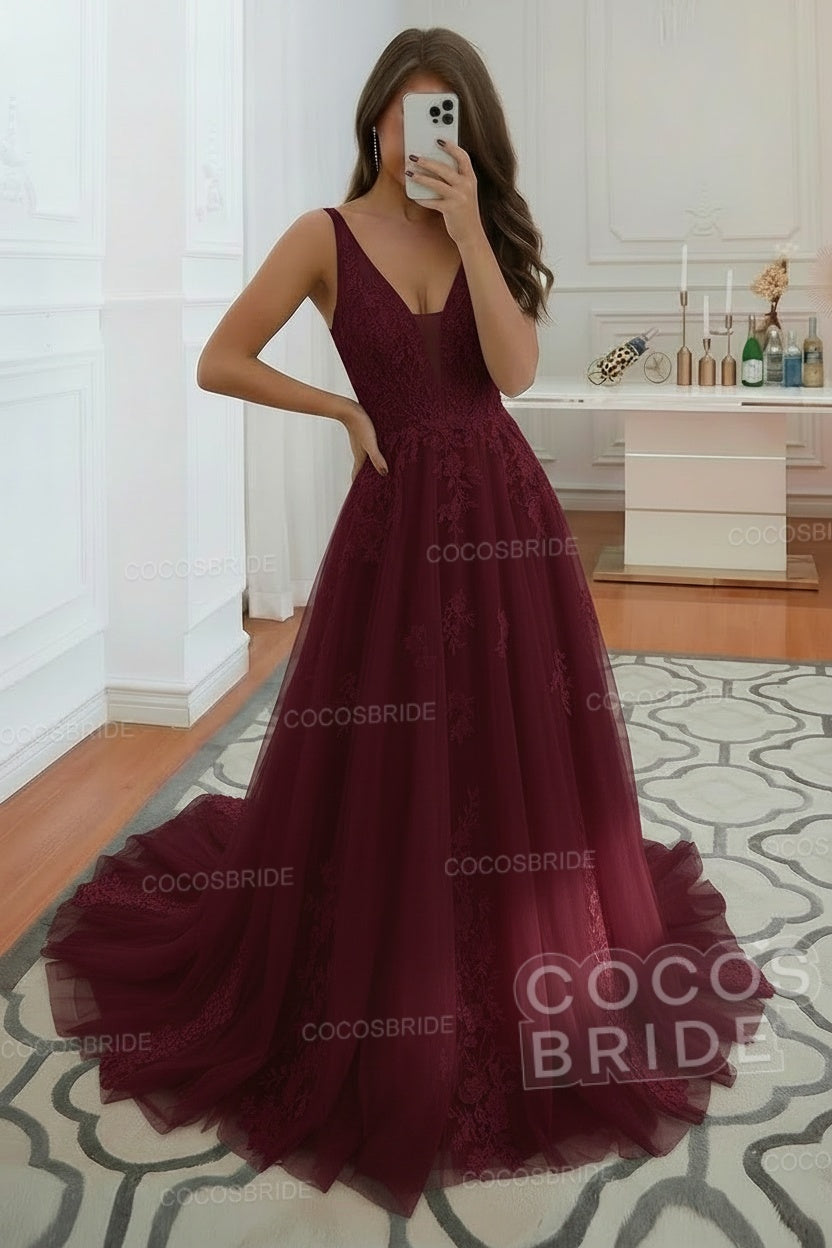 Long V-neck A-Line Floor Length Tulle Wedding Dress With Floral Lace
