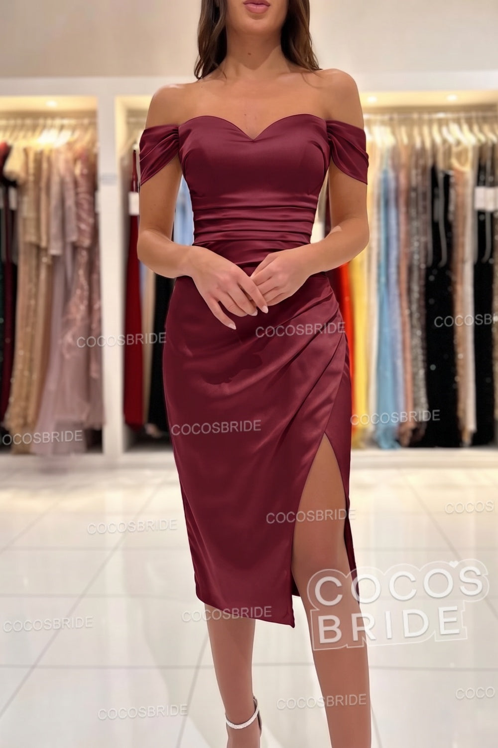 Short Mermaid Off the Shoulder Satin Party Dresses with Slit
