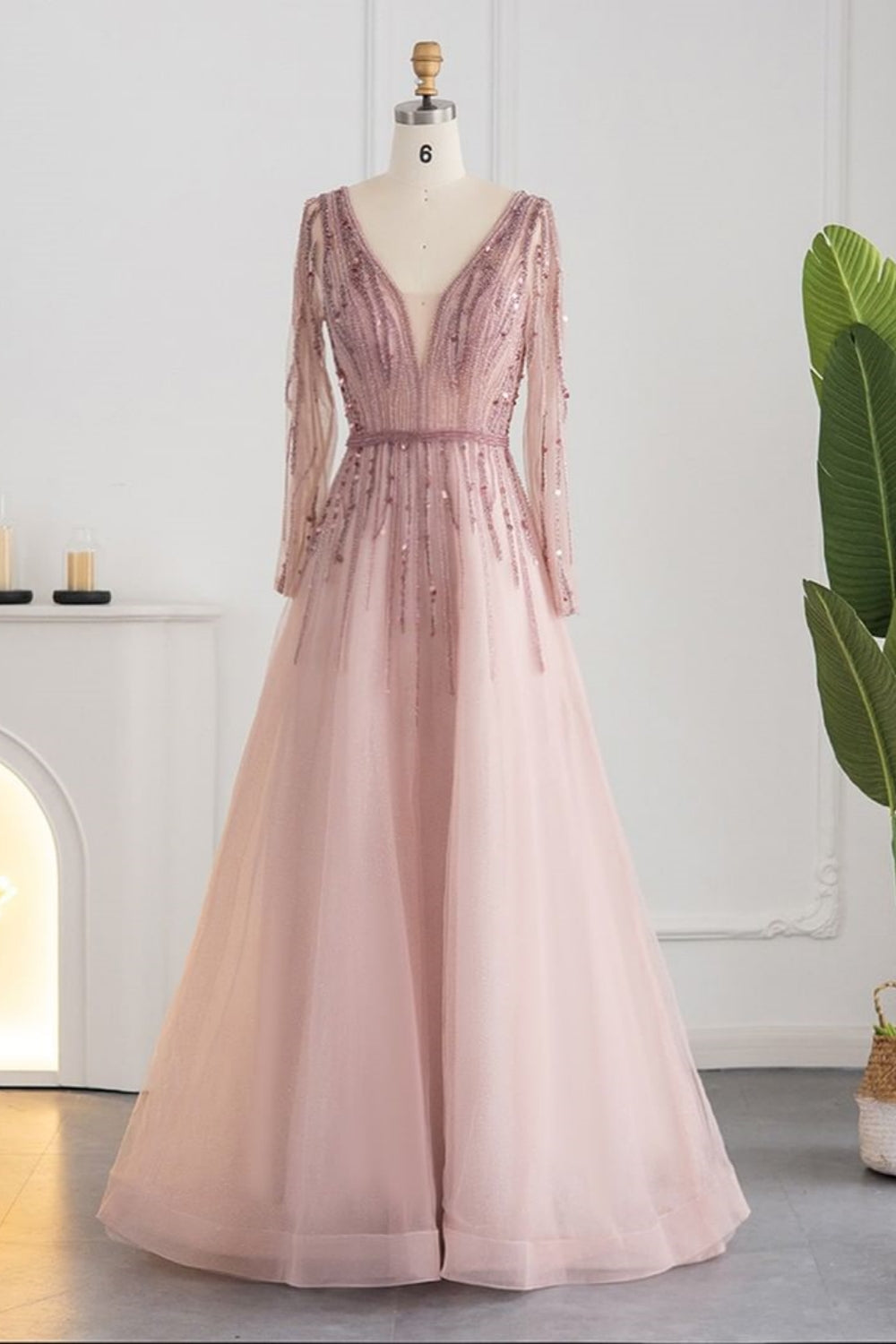 Long A-line V-neck Sequins Beading Tulle Formal Prom Dresses with Sleeves