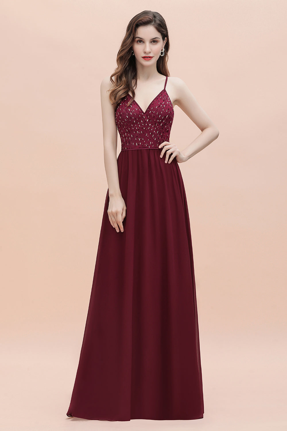 Long V-Neck Spaghetti Straps A-line Chiffon Burgundy Bridesmaid Dress
