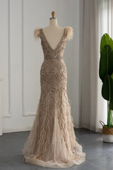 Gorgeous Long Mermaid V-Neck Beading Formal Prom Dresses with Feather